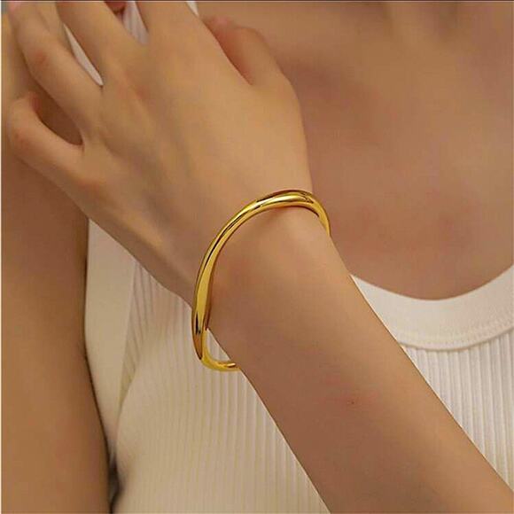 Gold Irregular Bangle Cuff Bracelet, Geometric, Asymmetric - Picture 10 of 15